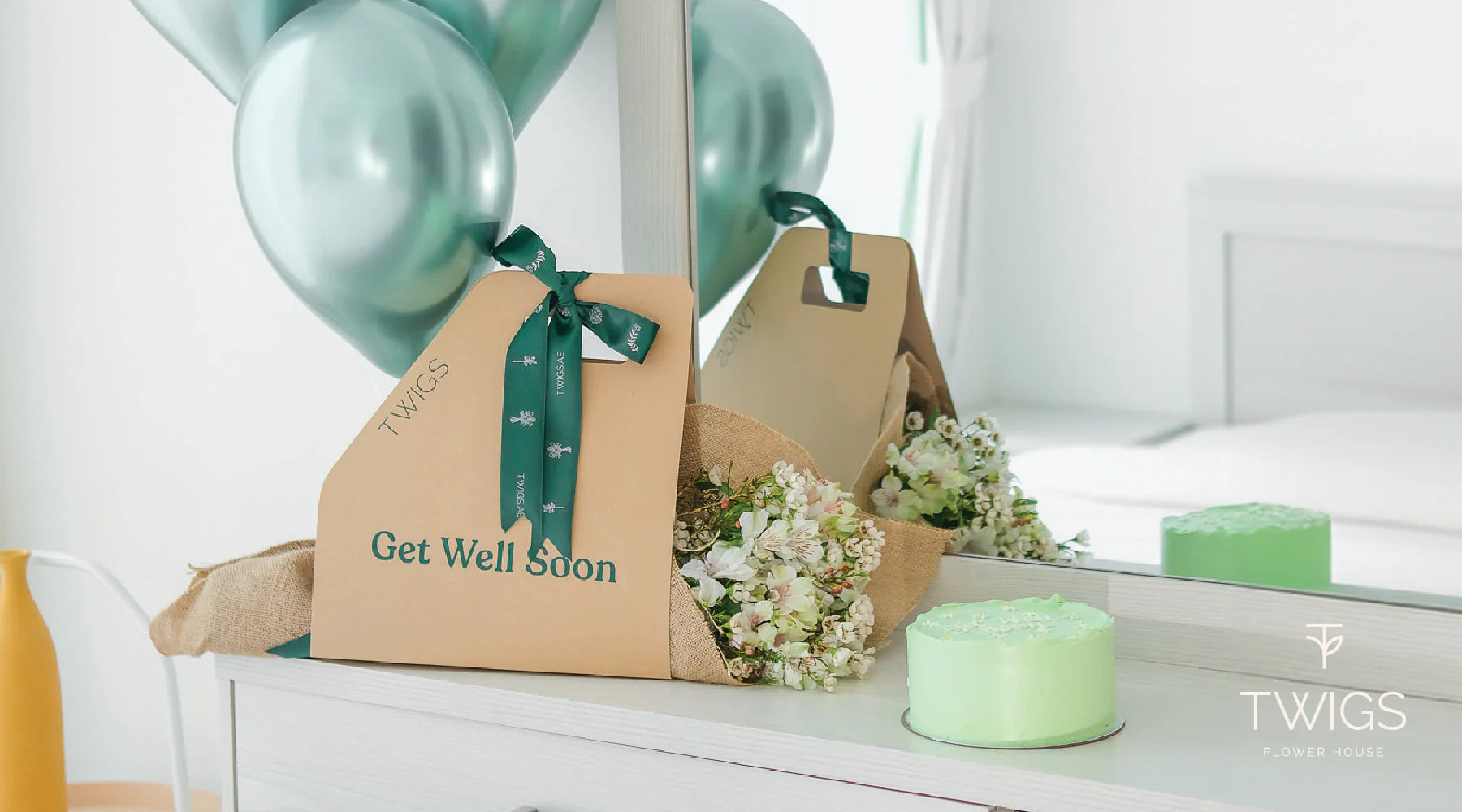 Flowers and Cake with Balloons for Celebrations