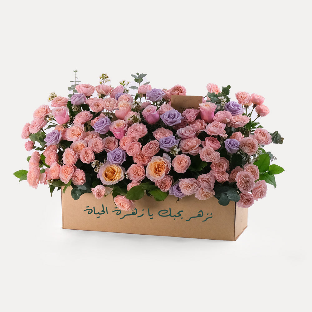 MOTHER'S DAY GARDEN BOX FLOWER ARRANGEMENT WITH PINK AND PURPLE ROSES