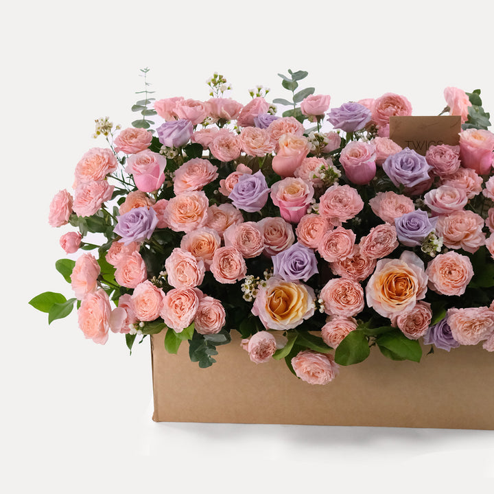 MOTHER'S DAY GARDEN BOX FLOWER ARRANGEMENT WITH PINK AND PURPLE ROSES