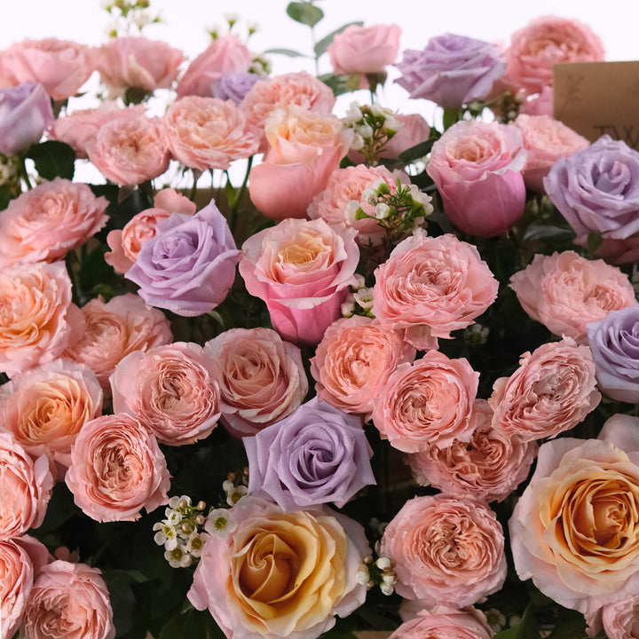 MOTHER'S DAY GARDEN BOX FLOWER ARRANGEMENT WITH PINK AND PURPLE ROSES