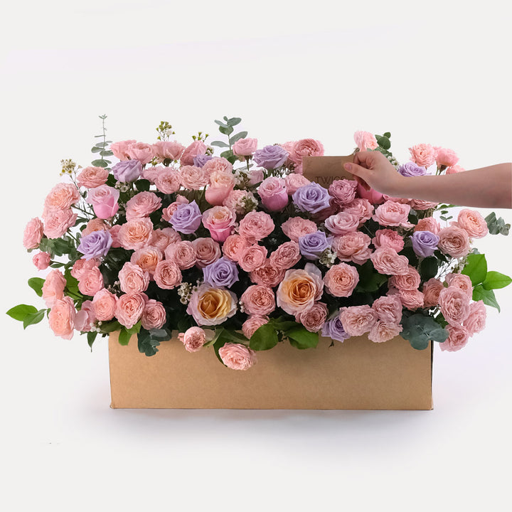 MOTHER'S DAY GARDEN BOX FLOWER ARRANGEMENT WITH PINK AND PURPLE ROSES