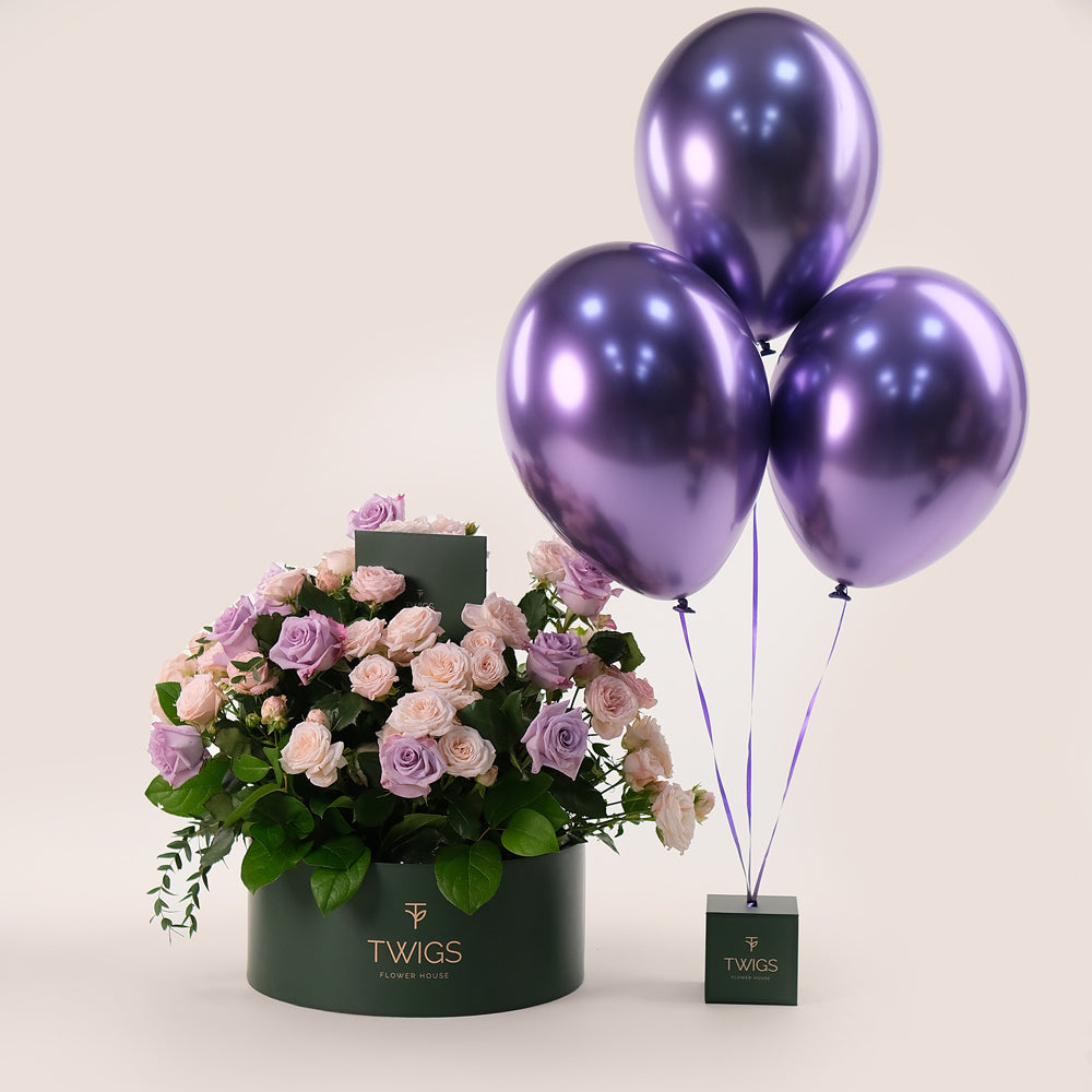 Elegant Lavender Delight Grande Round Box – Roses & Balloons Bundle - A Perfect Gifting Experience for Every Occasion