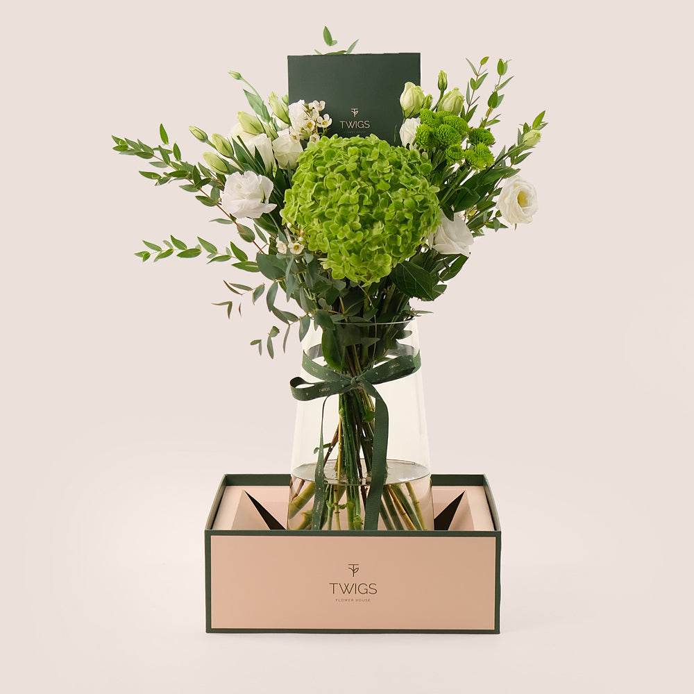 White Flowers & Green Blooms – Timeless Elegance in a Tall Vase