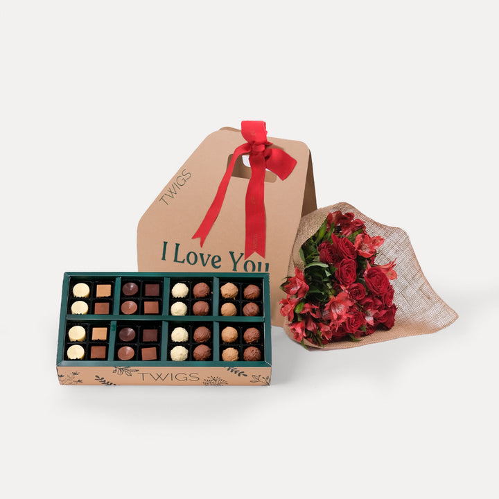 Red Roses TWIGS Flower Bunch And Premium Chocolate Box