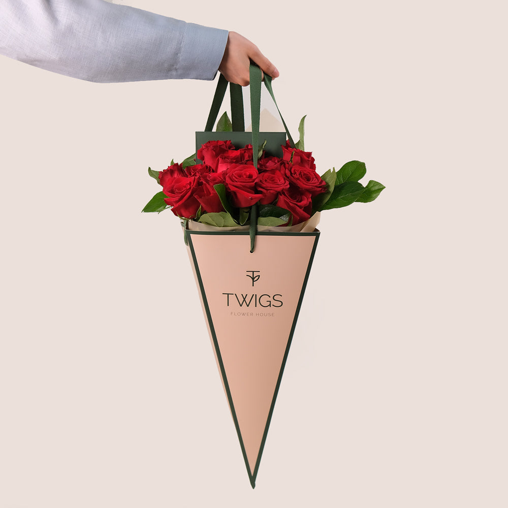 Very Red Flowers in Chic Cone Bunch – A Luxurious and Unique Gift