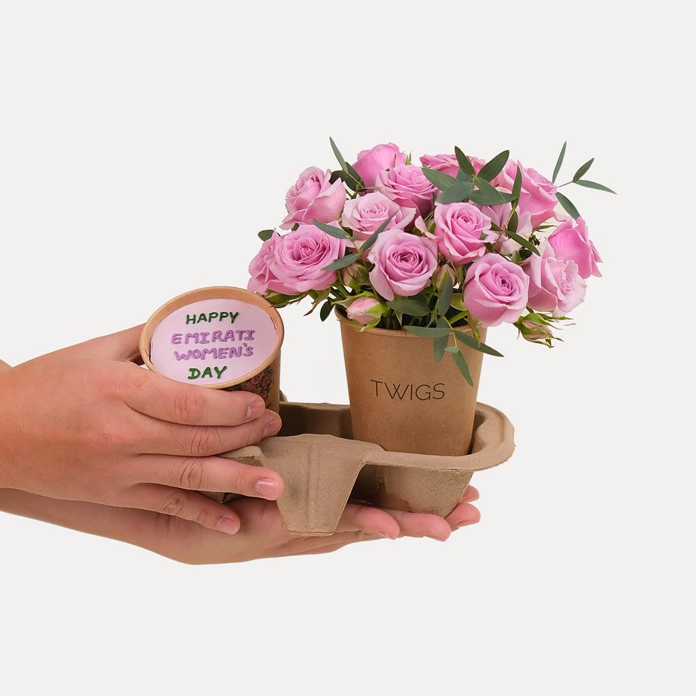 EMIRATI WOMEN'S DAY CHOCOLATE CUP CAKE  WITH  PURPLE SPRAY ROSE FLOWER ARRANGEMENT