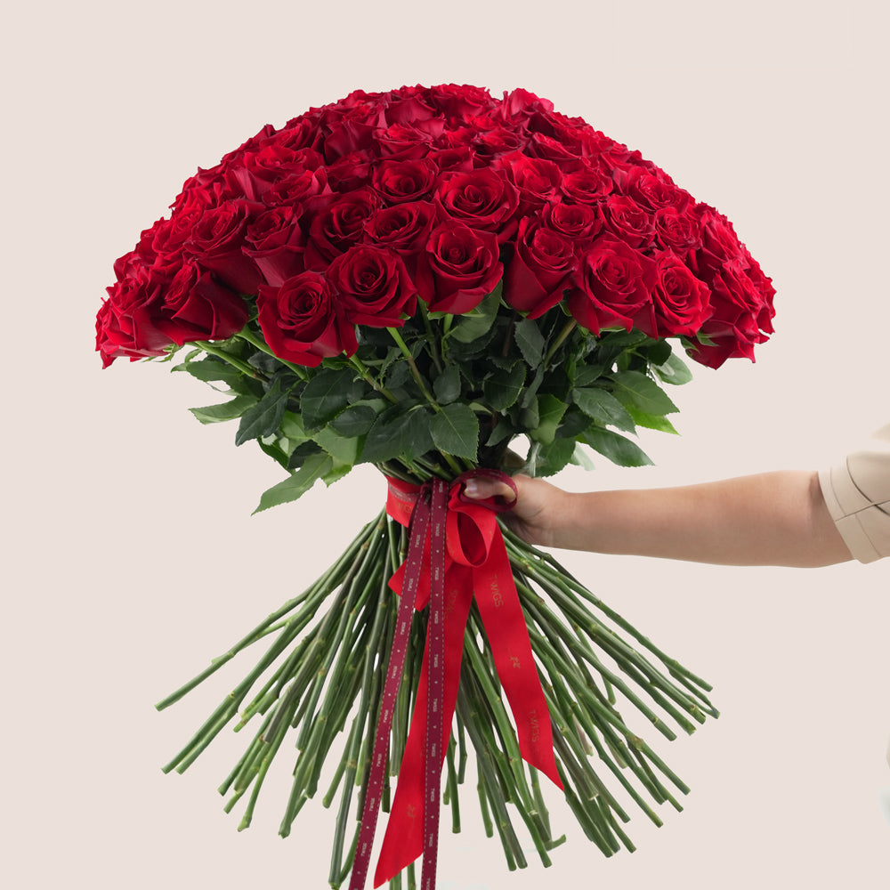 100 stems Ecuador roses hand-tied bouquet with red ribbon in, available for same day flower delivery in Dubai when you buy flowers online.