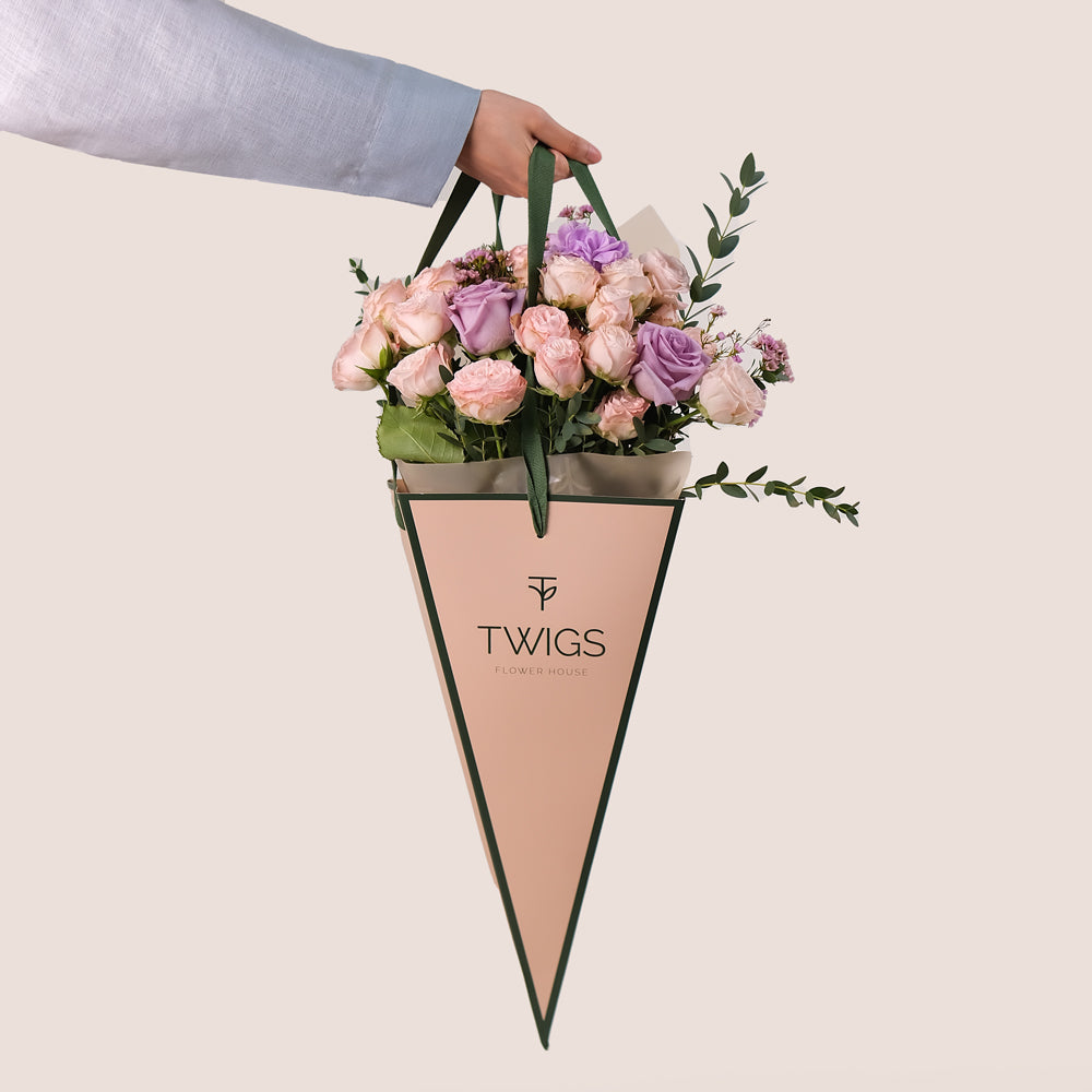 Blushing Lavender – Cone Bouquet – A Charming Floral Gift of Elegance and Beauty