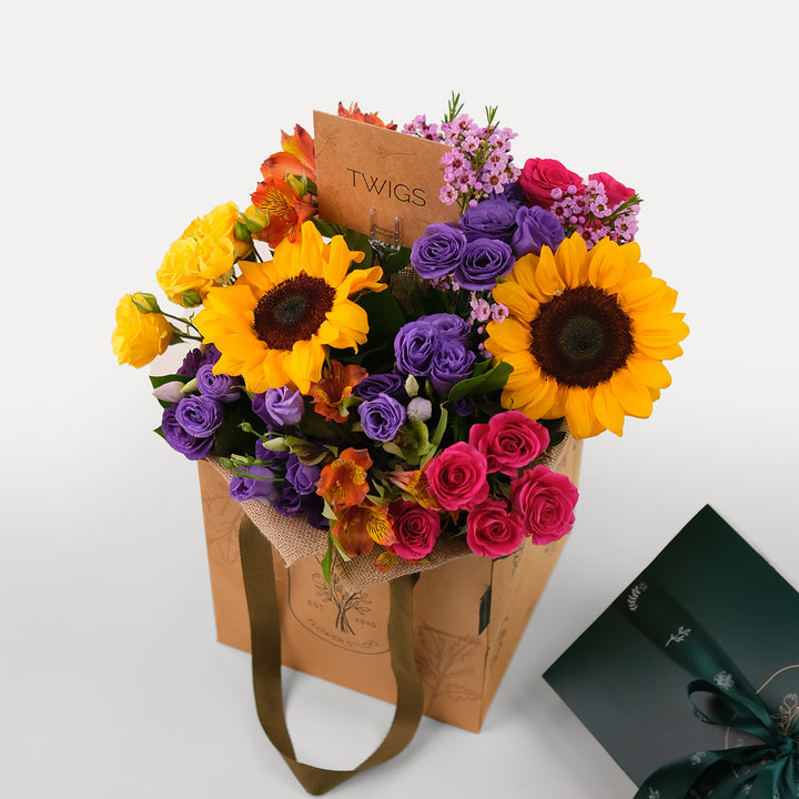 Sunflower & Alstroemeria Bouquet with TWIGS Chocolate Tray – A Sweet Floral Delight