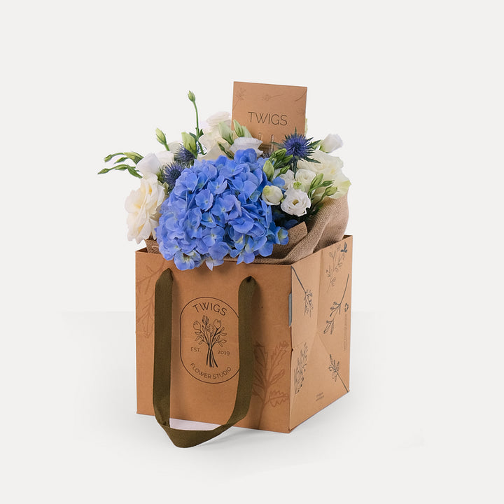 SPECIAL WHITE ROSE & PURPLE HYDRANGEA FLOWER  BOUQUET BAG (MEDIUM SIZE)