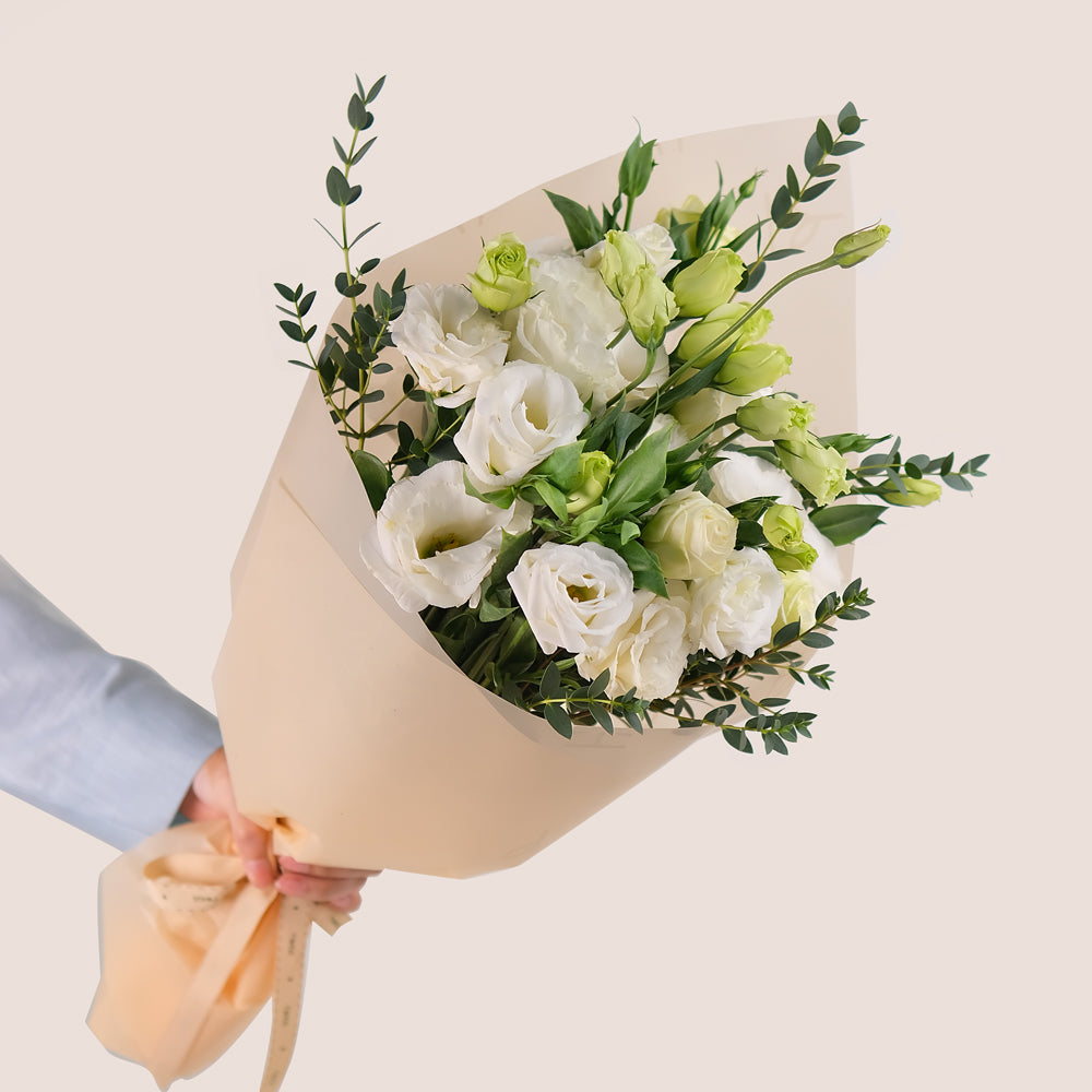 Pure Grace – Lisianthus & Eucalyptus Cone Bouquet – A Timeless Bouquet of Simplicity and Elegance