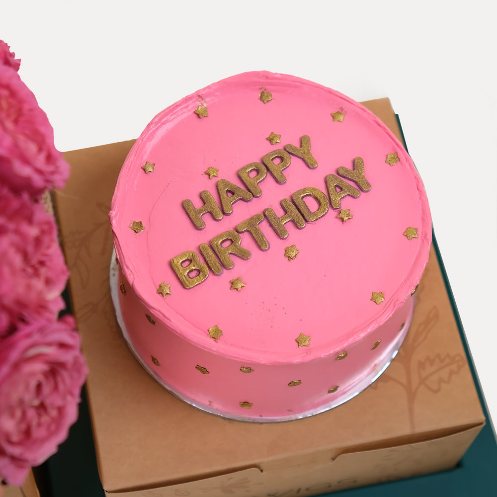 Happy Birthday Flowers and Cake tray combo Pink