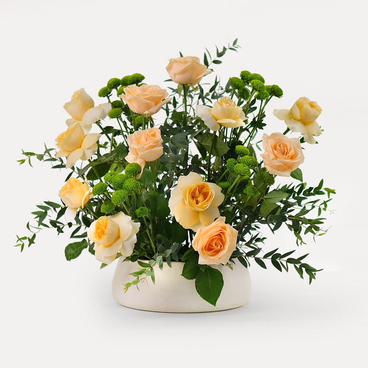 Special roses and chrysanthemums flower arrangement in ceramic  vase