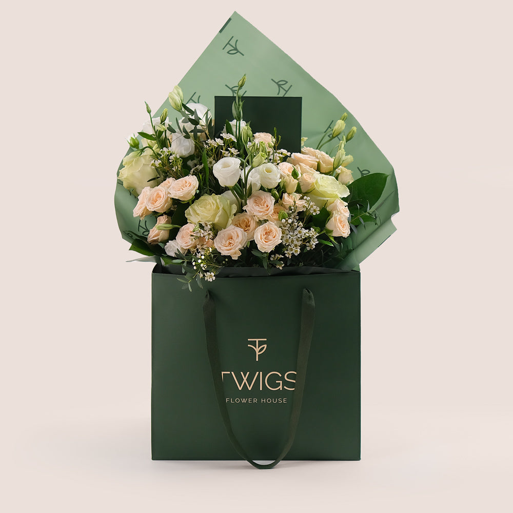 Pastel Mixed Flower Bouquet – Subtle Elegance in Our Signature TWIGS Bag