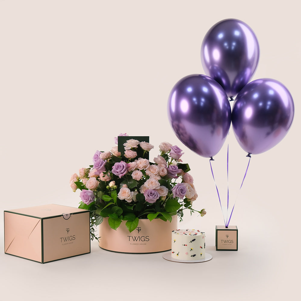 Grande Birthday Flowers Round Box – Cake & Balloons Bundle – A Luxurious Celebration of Blooms, Flavor, and Festivity