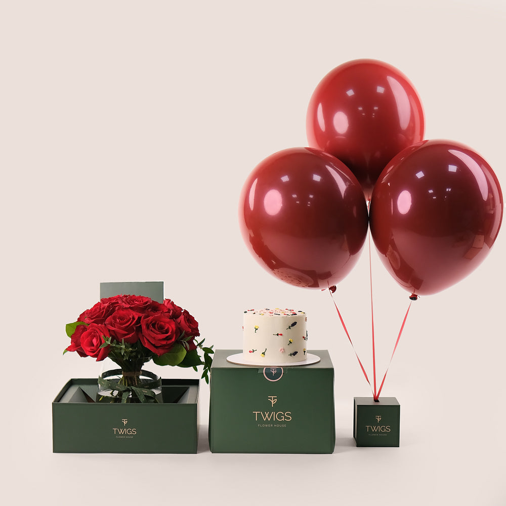 Petite Red Celebration – Roses, Cake & Balloons– A Luxurious Full Experience for Special Occasions