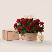 Grande Red Round Box Birthday Bliss – Roses & Cake Bundle– A Luxurious Gift for Memorable Celebrations