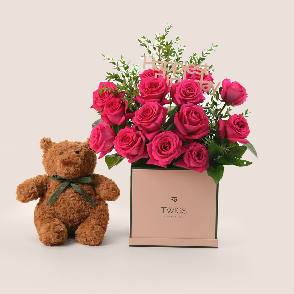 Fuchsia Birthday Joy Bundle –  Flowers & Teddy Bear – A Thoughtful, Luxurious Gift