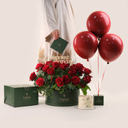 Grande Red Round Box Elegance Birthday Bundle – Roses, Cake & Balloons– A Luxurious Full Celebration Gift