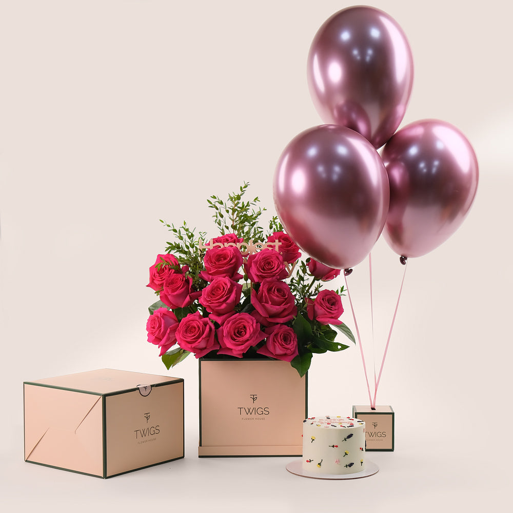 Fuchsia Birthday Celebration Bundle – Roses, Cake & Balloons– The Most Luxurious Full Experience