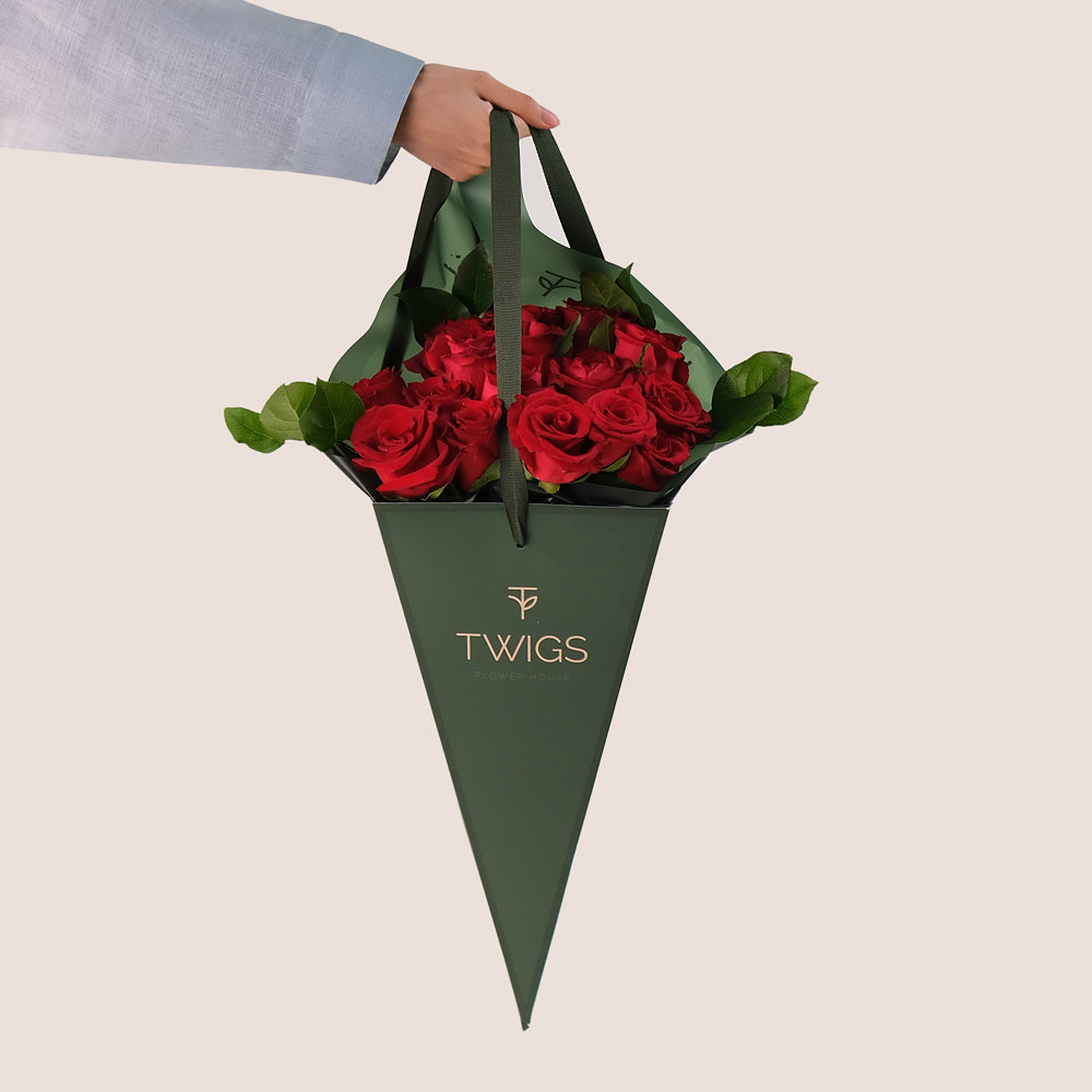 Very Red Flowers in Chic Cone Bunch – A Luxurious and Unique Gift