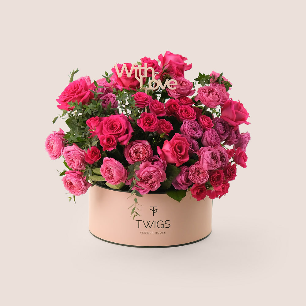 Grande Hot Pink Roses Round Box  TWIGS – A Stunning Gesture of Love and Elegance