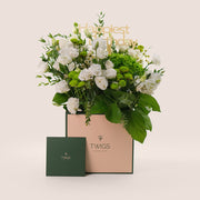 Elegant Flower Box with White Lisianthus & Green Blooms– A Refreshing Display of Elegance