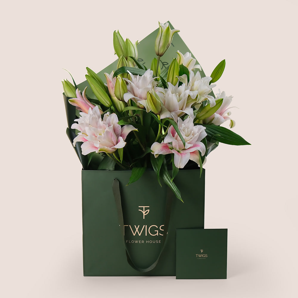 Lily Grace Flower Bouquet – Double Petalled Lilies in TWIGS Carry Bag