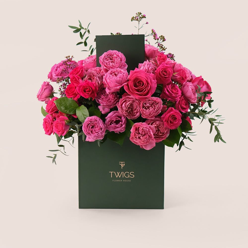 Fuchsia Delight – Square Box Bouquet of Fuchsia & Pink Roses