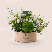 White & Green Blooms in Grande Round Box - Lisianthus & Hydrangea – A Grande Elegance