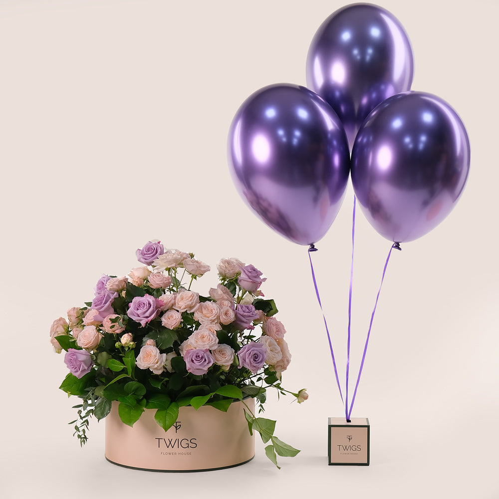 Elegant Lavender Delight Grande Round Box – Roses & Balloons Bundle - A Perfect Gifting Experience for Every Occasion