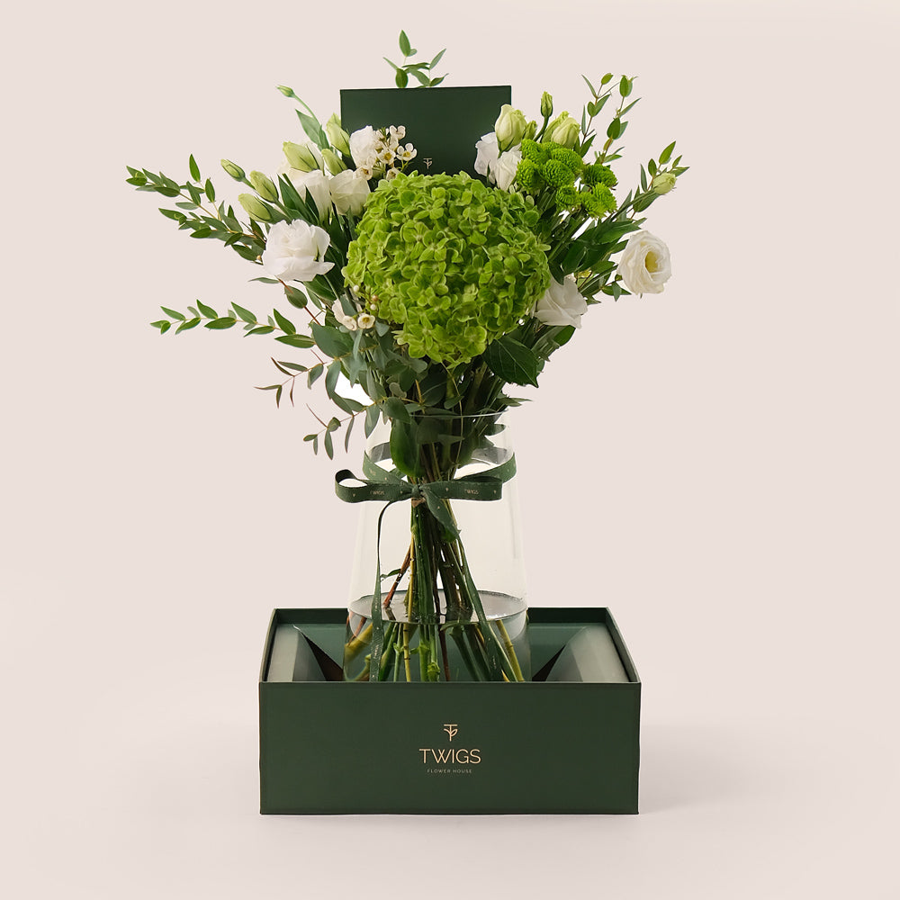 White Flowers & Green Blooms – Timeless Elegance in a Tall Vase