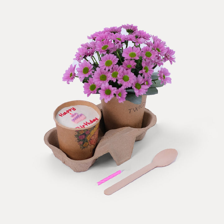 Birthday Cup Cake & Purple Chrysanthemum Santini Flowers Combo