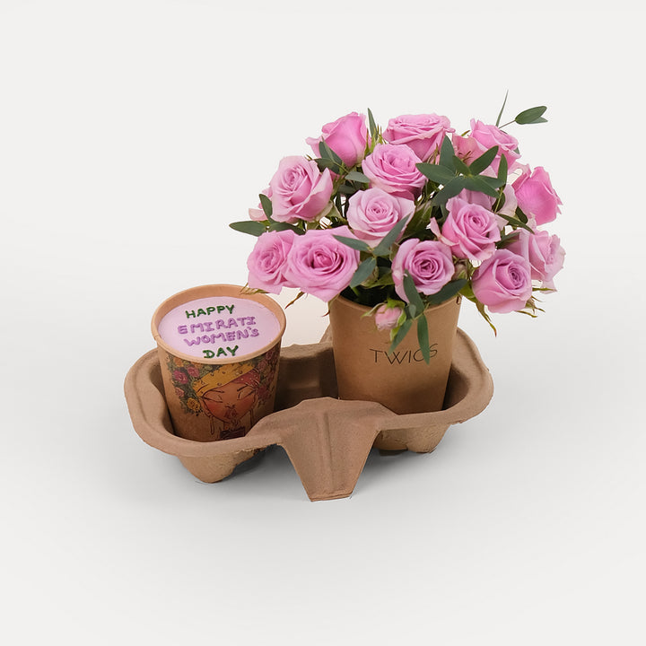 EMIRATI WOMEN'S DAY CHOCOLATE CUP CAKE  WITH  PURPLE SPRAY ROSE FLOWER ARRANGEMENT