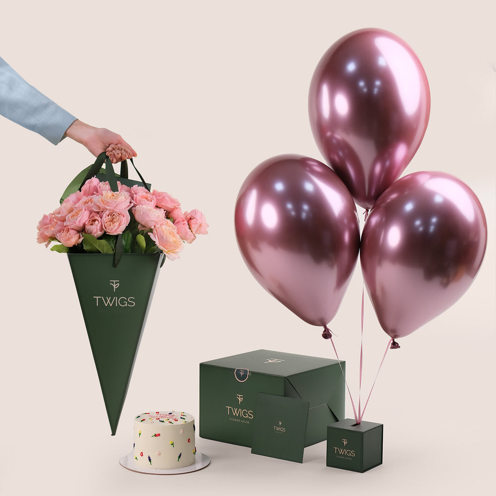 Juliet Peach Birthday Cone – Flowers, Cake & Balloons – A Chic & Joyful Celebration Set