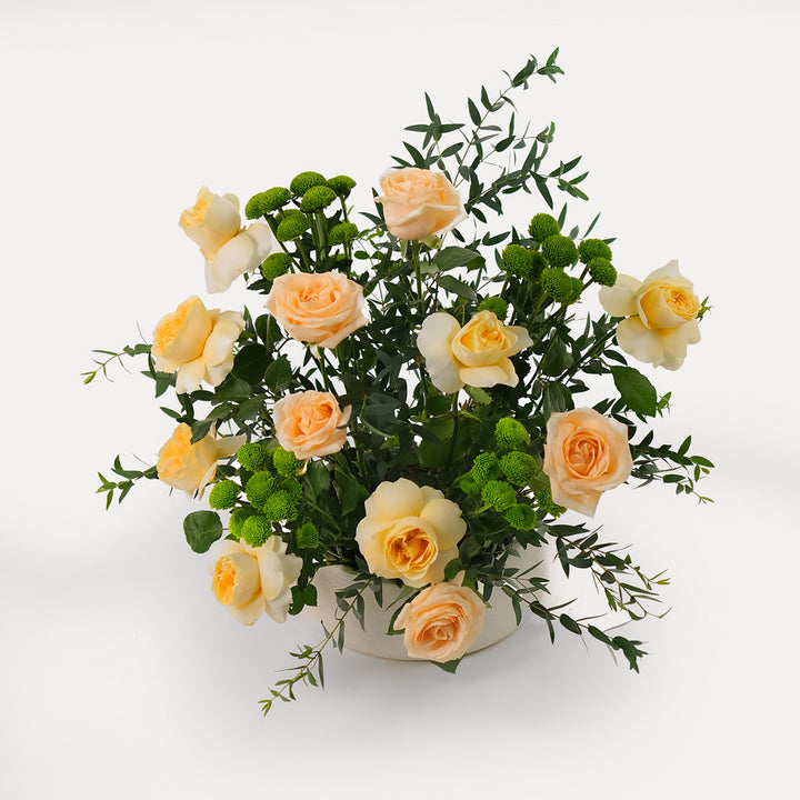 Special roses and chrysanthemums flower arrangement in ceramic  vase