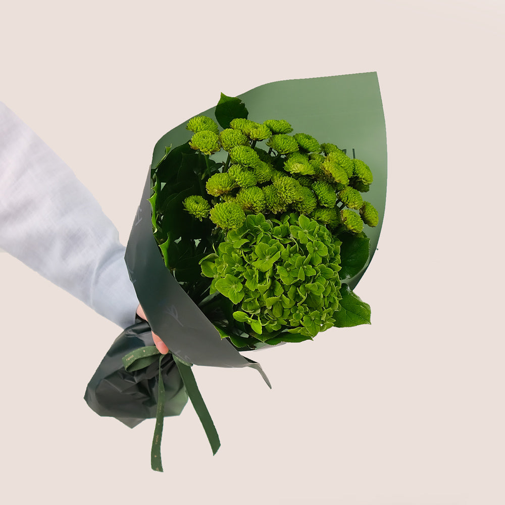 Green Charm – Green Hydrangea & Chrysanthemum Cone Bouquet – A Unique Blend of Elegance and Freshness