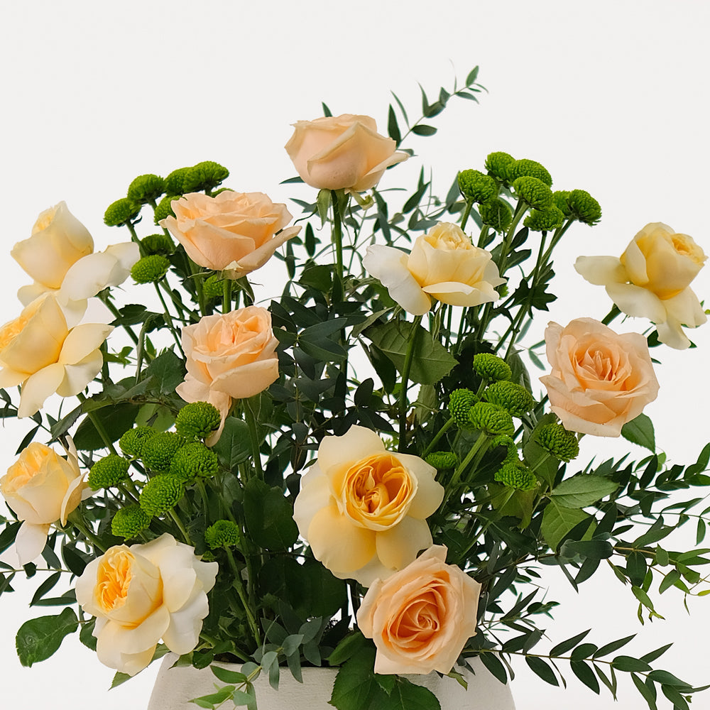 Special roses and chrysanthemums flower arrangement in ceramic  vase