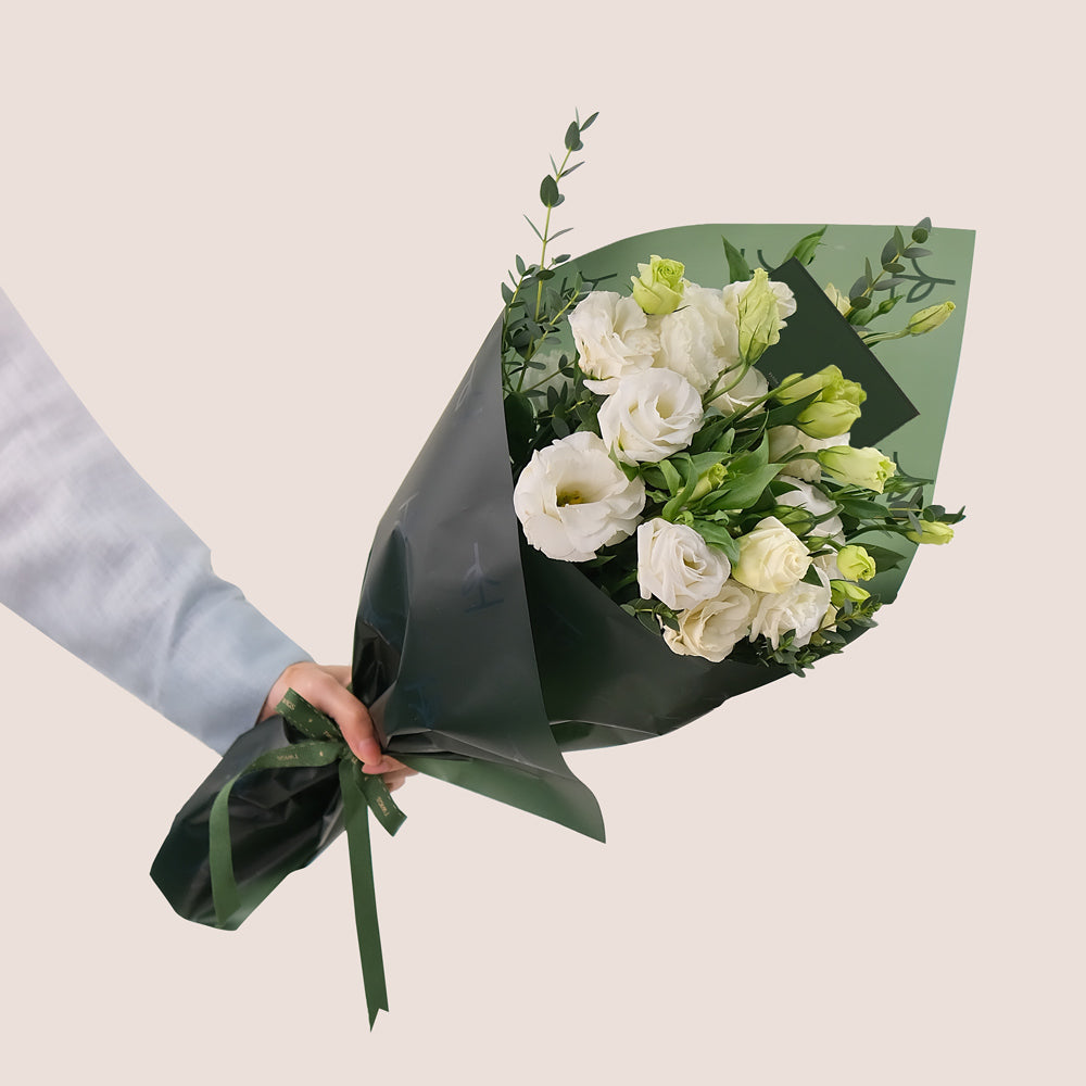 Pure Grace – Lisianthus & Eucalyptus Cone Bouquet – A Timeless Bouquet of Simplicity and Elegance