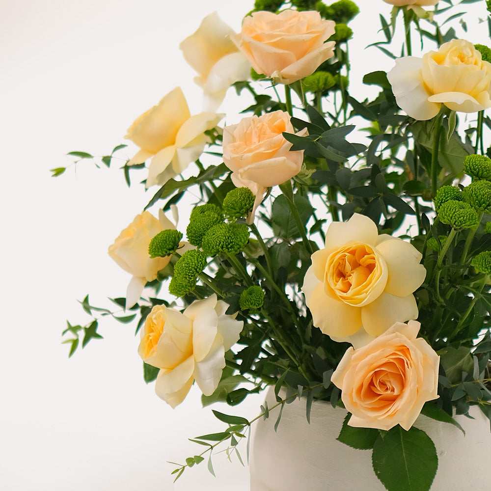 Special roses and chrysanthemums flower arrangement in ceramic  vase