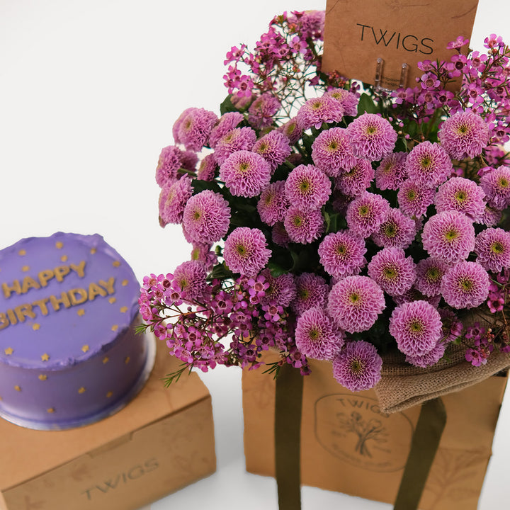 Happy Birthday Flowers and Cake tray combo Purple