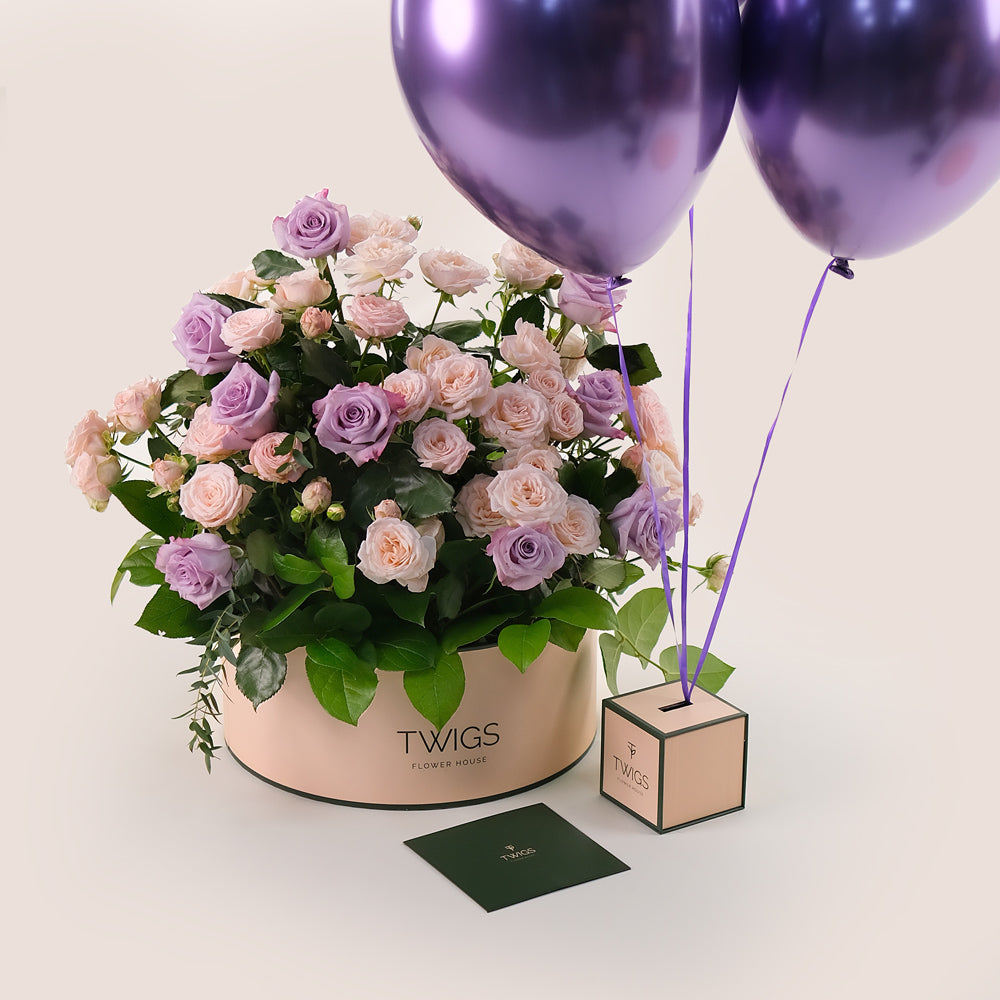 Elegant Lavender Delight Grande Round Box – Roses & Balloons Bundle - A Perfect Gifting Experience for Every Occasion