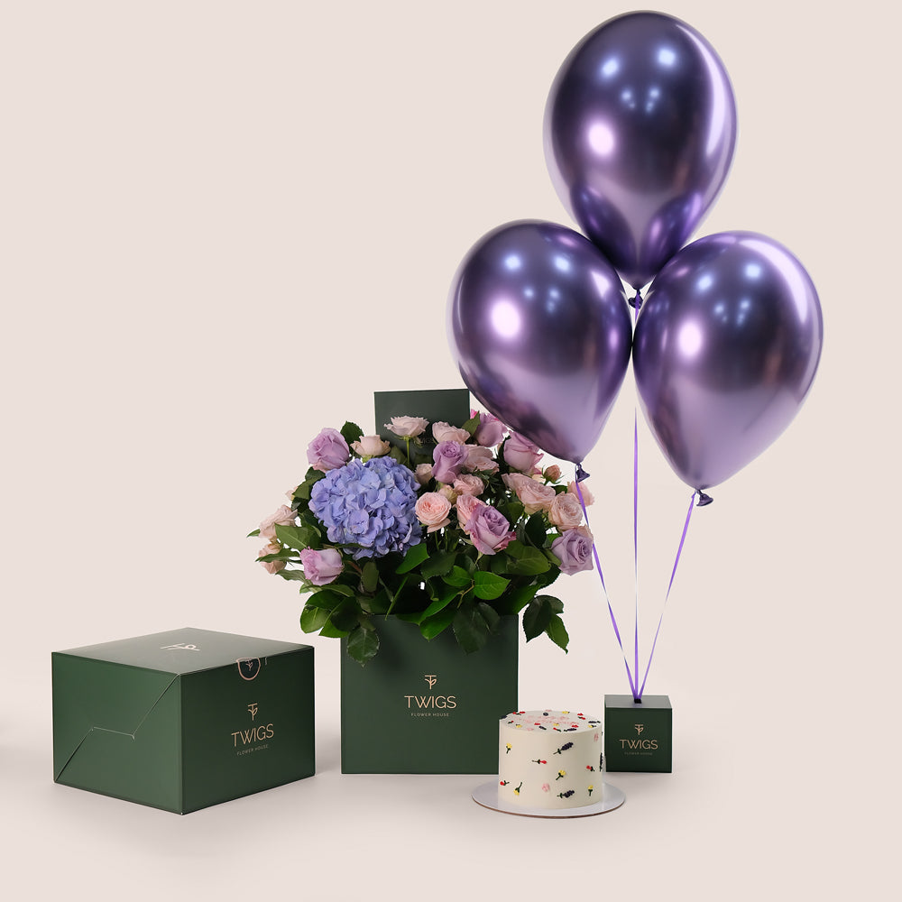 Pastel Celebration – Cube Box, Cake & Balloons Bundle – A Luxurious Trio of Beauty, Flavor, and Festivity