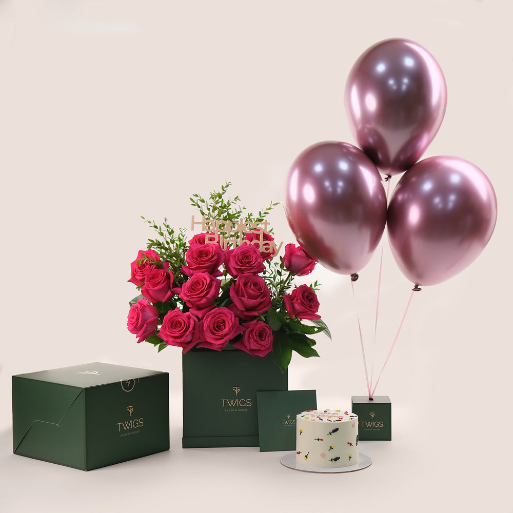 Fuchsia Birthday Celebration Bundle – Roses, Cake & Balloons– The Most Luxurious Full Experience