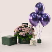 Grande Birthday Flowers Round Box – Cake & Balloons Bundle – A Luxurious Celebration of Blooms, Flavor, and Festivity