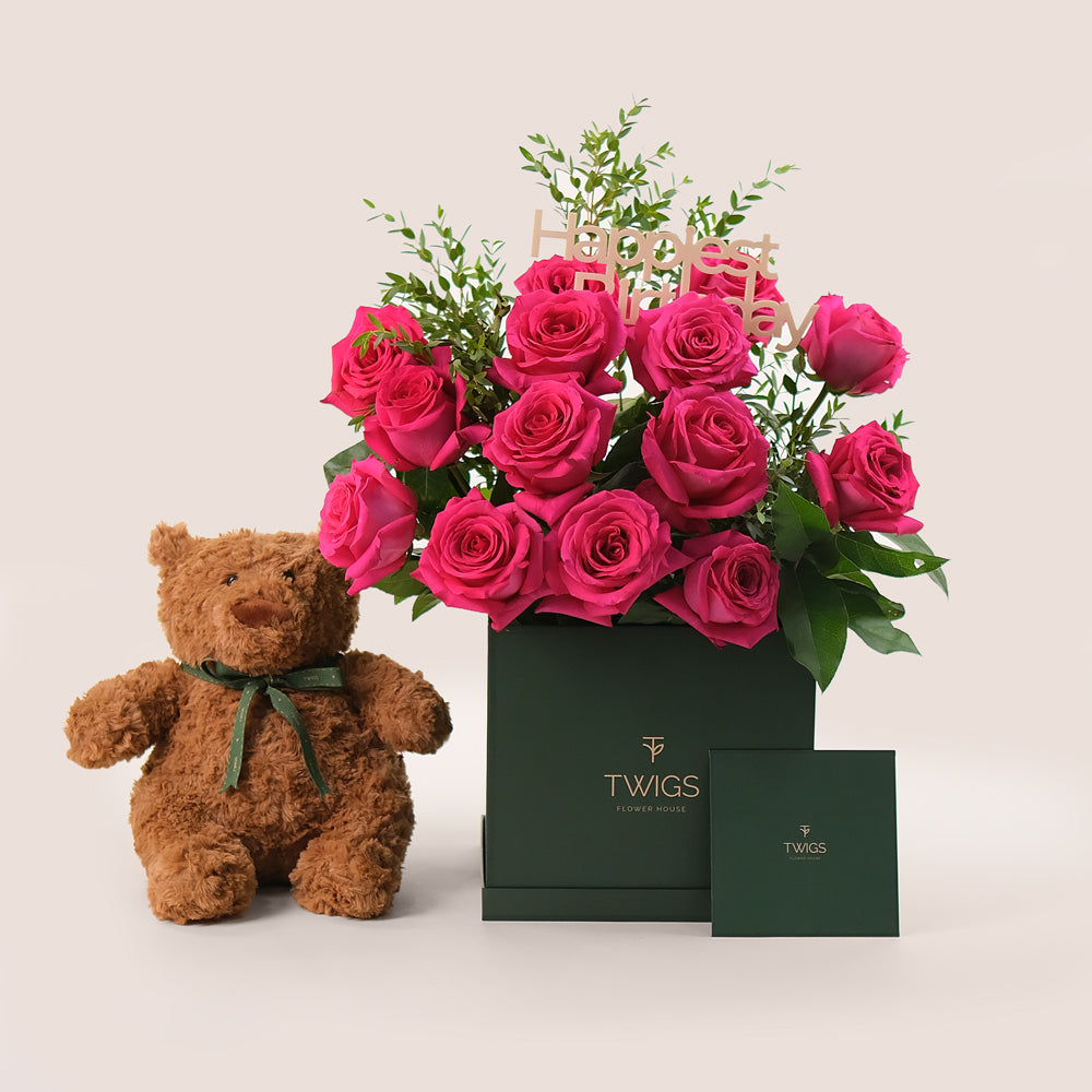 Fuchsia Birthday Joy Bundle –  Flowers & Teddy Bear – A Thoughtful, Luxurious Gift