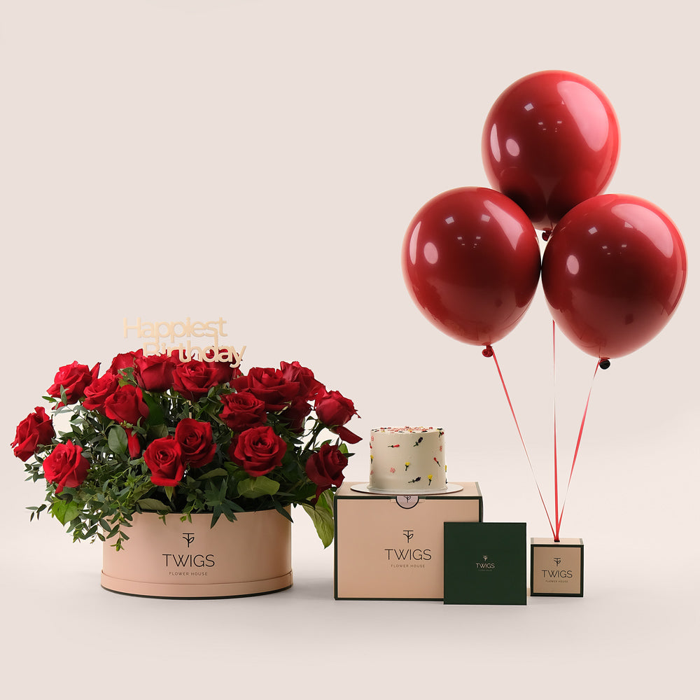 Grande Red Round Box Elegance Birthday Bundle – Roses, Cake & Balloons– A Luxurious Full Celebration Gift