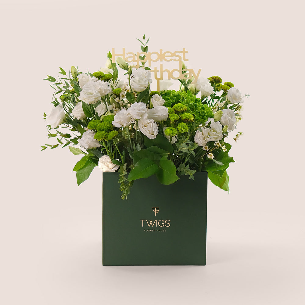 Elegant Flower Box with White Lisianthus & Green Blooms– A Refreshing Display of Elegance