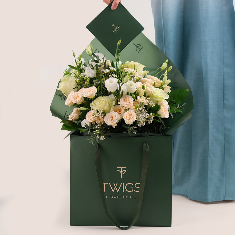 Pastel Mixed Flower Bouquet – Subtle Elegance in Our Signature TWIGS Bag