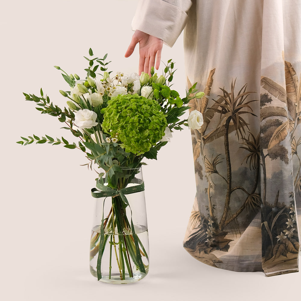 White Flowers & Green Blooms – Timeless Elegance in a Tall Vase